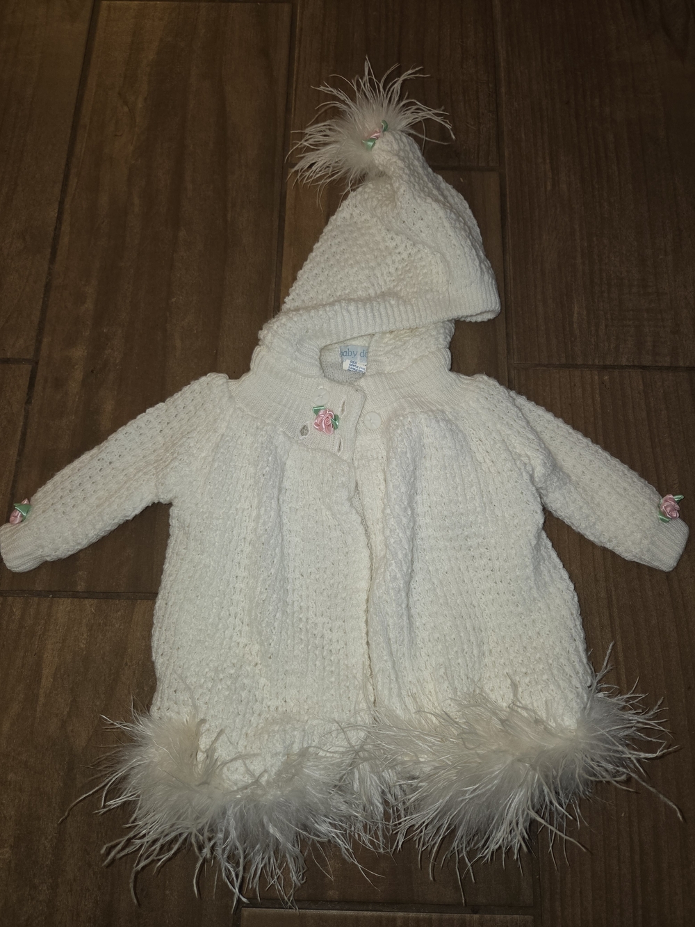 Baby Bunting Coat with Hood and Feather Trim - White